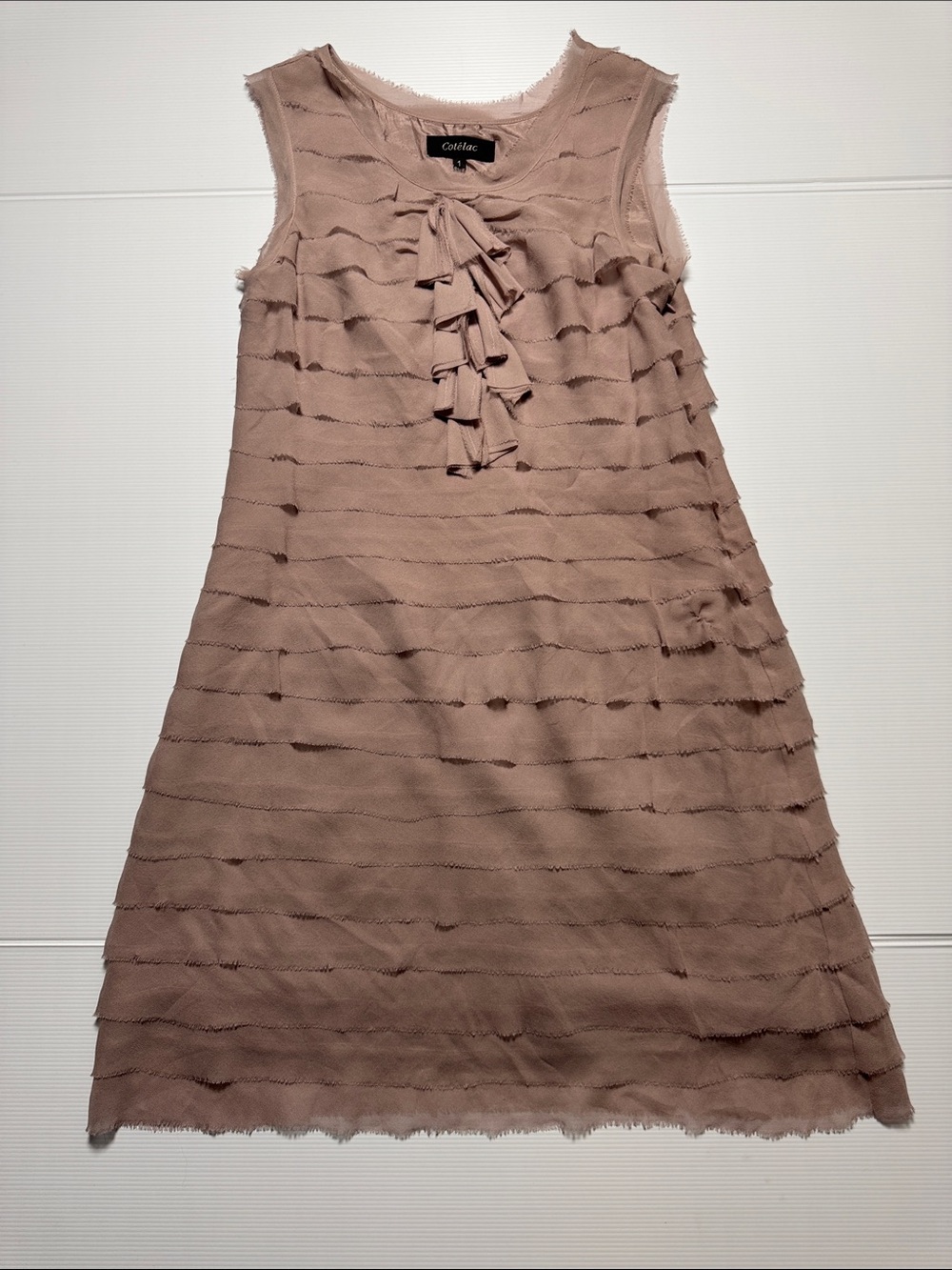 COTÉLAC Silk Tiered Ruffle Sleeveless Shift Dress Dusty Mauve Pink Raw Edge 1 SM